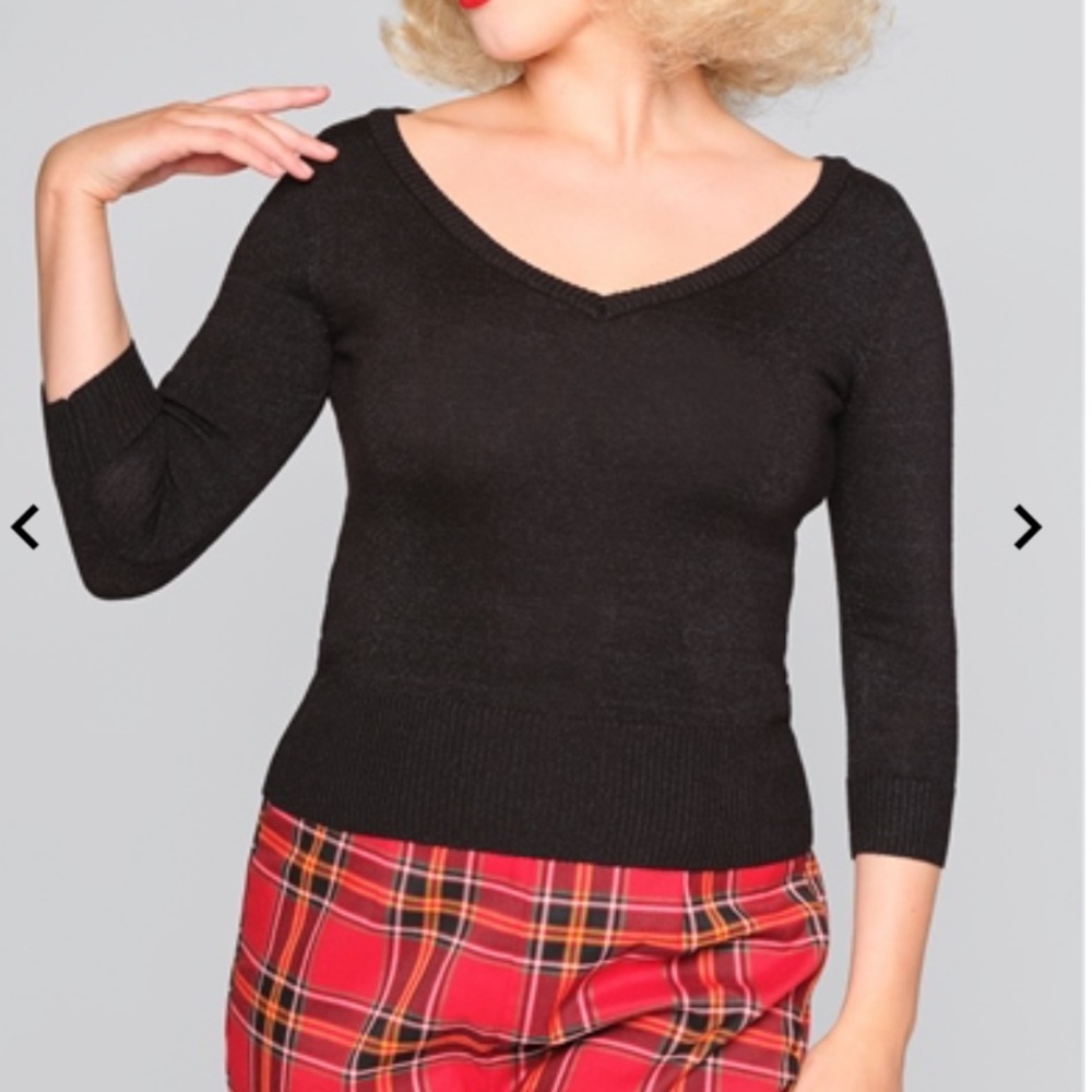 Collectif Bardot Sweater in black with V shape eyelet pattern